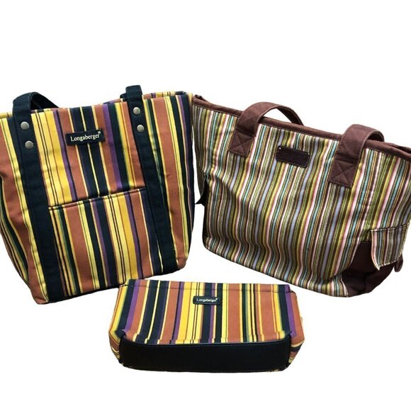 Lot of 3 Longaberger 2 Lunch Totes 1 Matching Clutch Fabric Lined Stripes VGC - Picture 1 of 11
